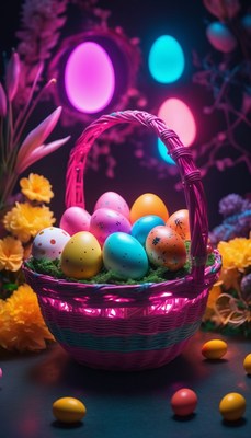 Easter eggs in basket with neon lights