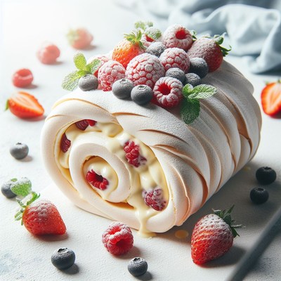 Meringue roll with berries and cream