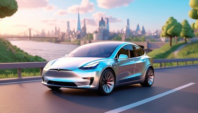 Silver tesla driving through city