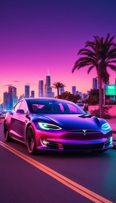 Tesla driving through city at sunset