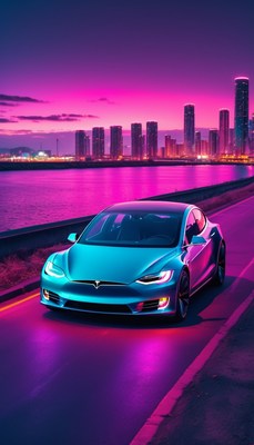 Blue tesla driving at sunset
