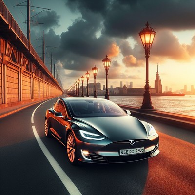 Black tesla driving at sunset on bridge