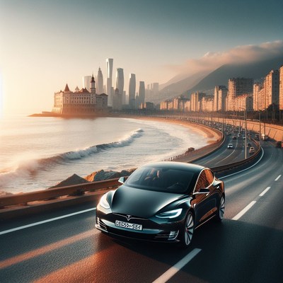 Tesla driving coastal road at sunset