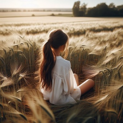 Woman sitting in wheat field at sunset