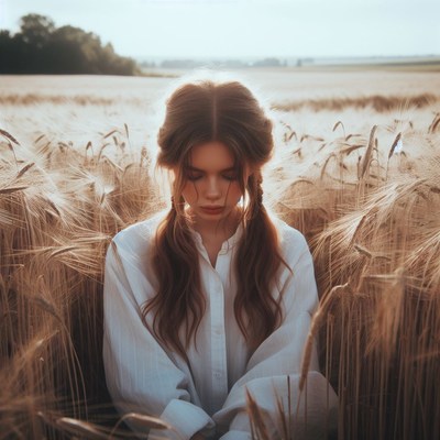 Woman in wheat field at sunset