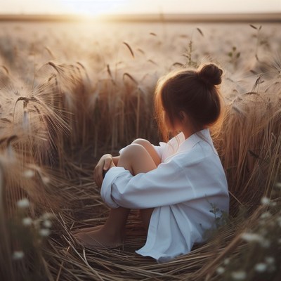 Girl sitting in wheat field at sunset