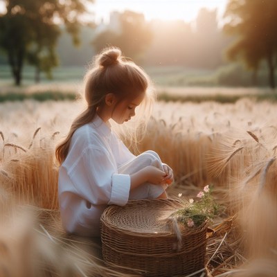 Girl sitting in wheat field at sunset