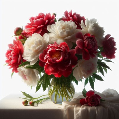 Red and white peonies in vase