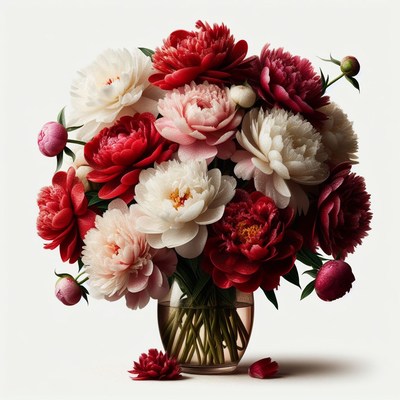 Red and white peonies in glass vase