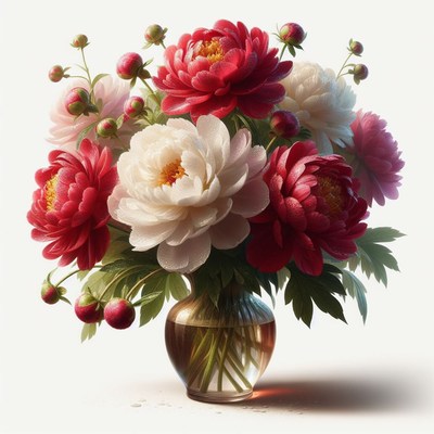 Red and white peonies in a vase