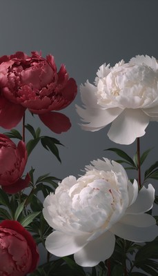 White and red peonies against grey background