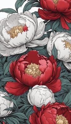 Red and white peonies in bloom