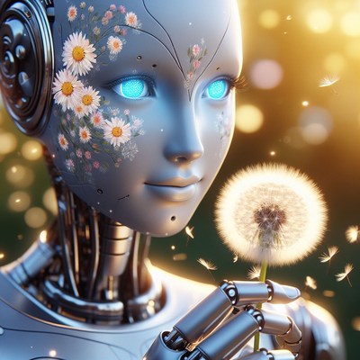 Robot girl holding dandelion