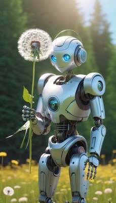 Robot holding dandelion in field