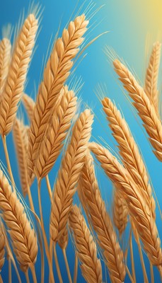 Golden wheat stalks against blue sky