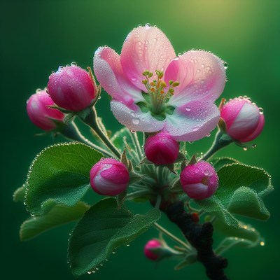 Pink apple blossom with dewdrops