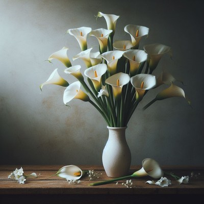 White calla lilies in vase on wooden table