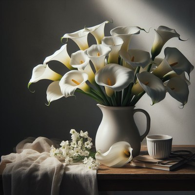White calla lilies in a pitcher