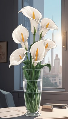Calla lilies in a vase by window