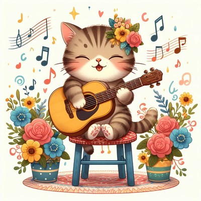 Cat playing guitar with flowers