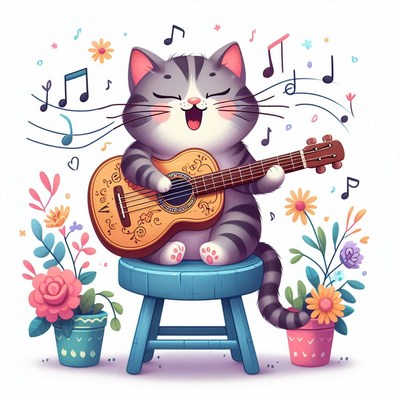 Cat playing guitar with flowers