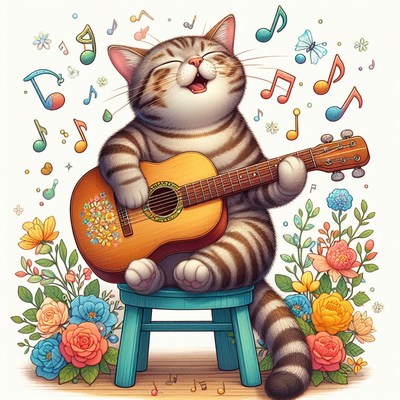 Smiling cat playing guitar