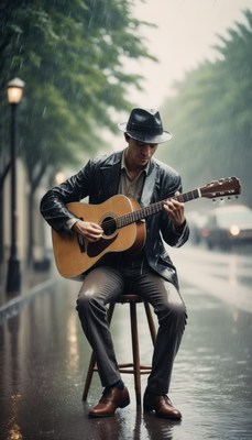 Man playing guitar in the rain