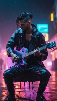 Man playing guitar in neon rain