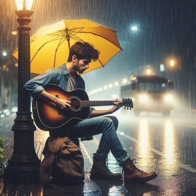 Man playing guitar in the rain