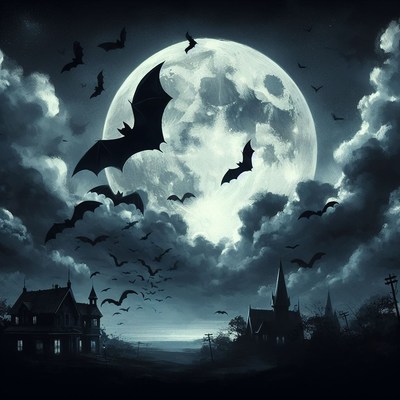 Bats flying under full moon