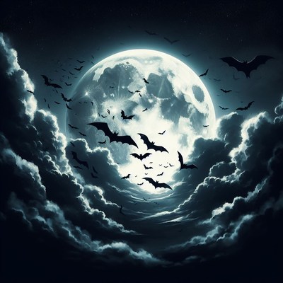 Bats flying under full moon