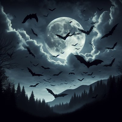 Bats flying under full moon