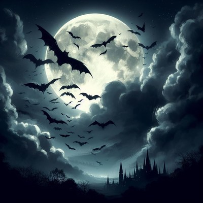 Bats flying under full moon