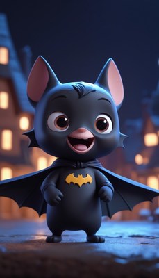 Cute bat superhero in night city