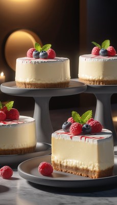 Cheesecake dessert with berries on cake stands