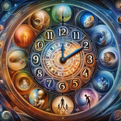 Surreal clock with figures and scenes