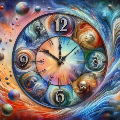 Abstract clock with planets and faces