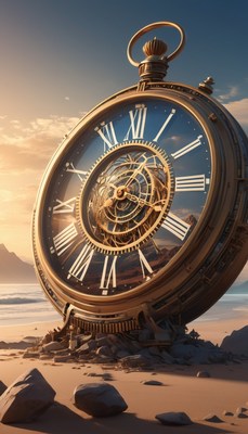Giant clock on beach at sunset