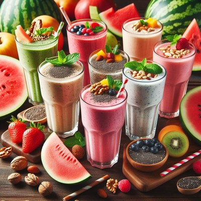 Colorful fruit smoothies on wooden table