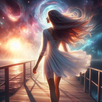 Woman walking on pier with cosmic background