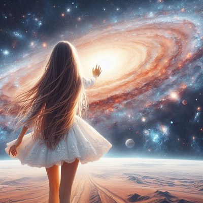 Woman reaching for galaxy