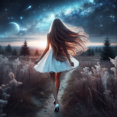 Woman walking towards starry sky