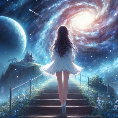 Girl ascending towards galaxy