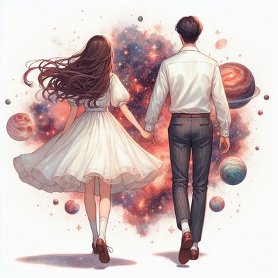 Couple walking through galaxy