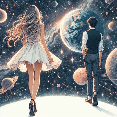 Couple walking away from earth in space