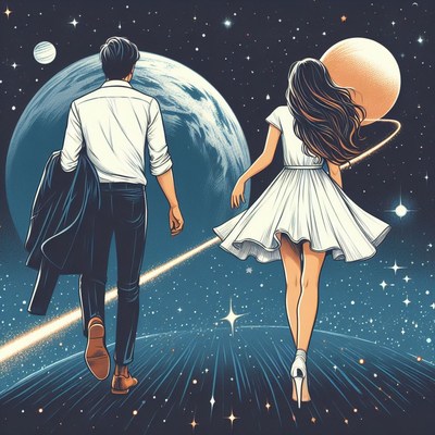 Couple walking in space