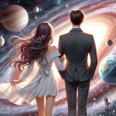 Couple walks through galaxy