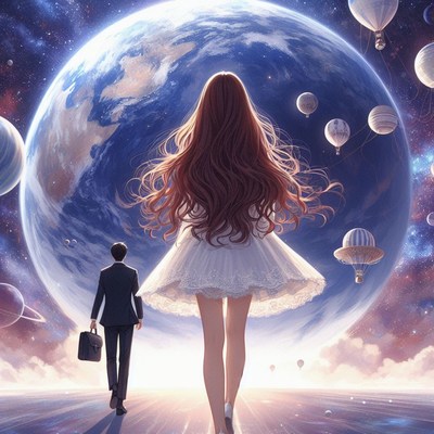 Woman walking away from man in space