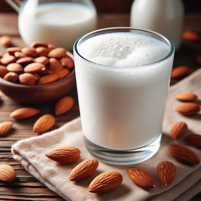 Almond milk glass on wooden table