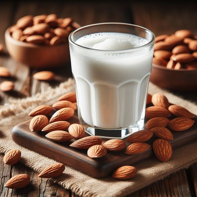 Glass of almond milk with almonds